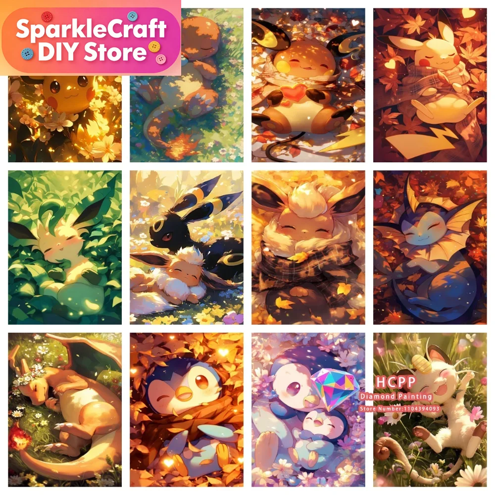 Resin Craft Kit - 1 Stück rahmenloses Cartoon-Pokemon-Pikachu-Charizard-Eevee-Vulpix-Quadrat-Rund-Diamant-Malset 5D DIY